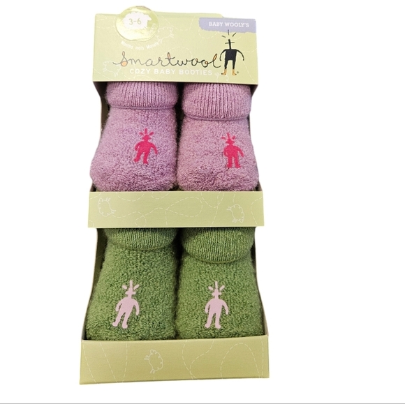 Smartwool Baby Wooly's Cozy Baby Booties NEW 3-6M Orchid/Leaf 2pk - Picture 1 of 3